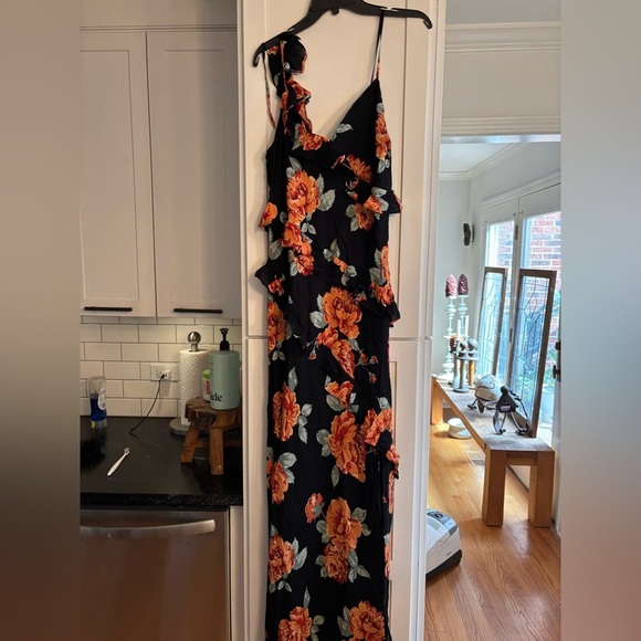 new Reformation Elysia floral print ruffle cascading gown in black orange - Picture 5 of 9